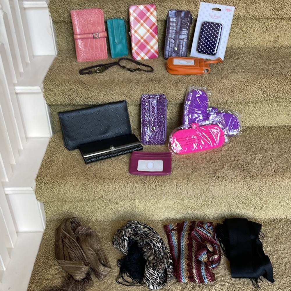 Bundle of boot bracelets, wallets, scarfs/belts and glass cases.